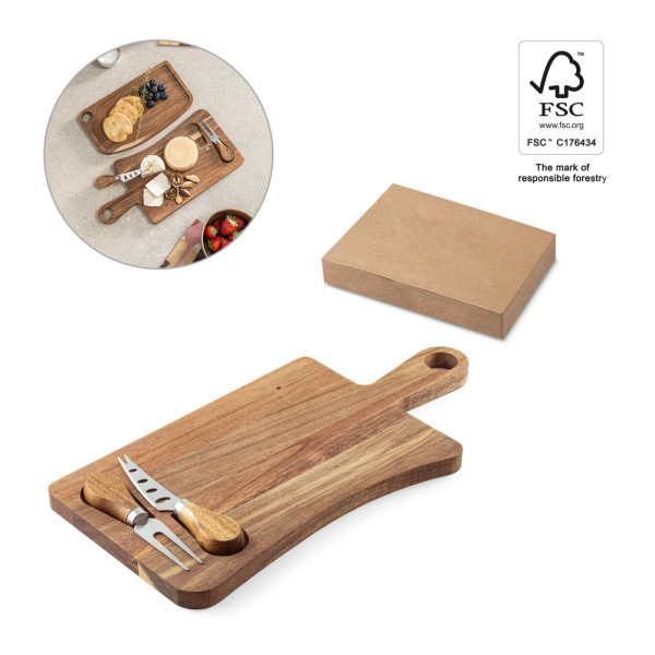 CASSIA. Tagliere per formaggi in legno di acacia con manico in cotone, realizzato con materiale cert