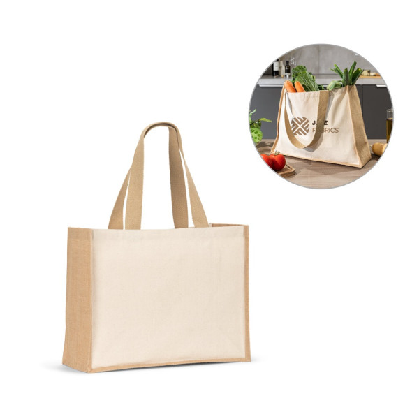 HELSINQUE. Borsa in tela (320 g/m²), con fondo e fianchi in iuta laminata (350 g/m²) nei toni natura