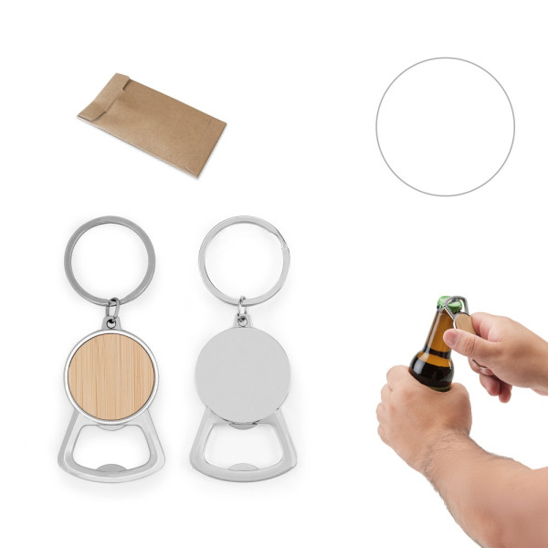 MEEKO. Portachiavi in ferro con forma rotonda in zinco e bambù